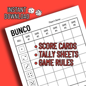 BUNCO Printable | Score Card + Tally Sheet + Instructions/Rules | Digital files