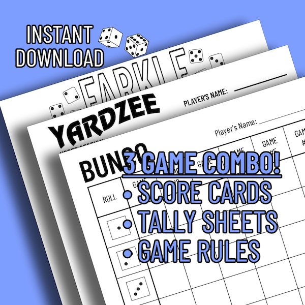 Imprimable YARDZEE + FARKLE + BUNCO Combo | Cartes de score + instructions | 3 matchs | Fichiers numériques