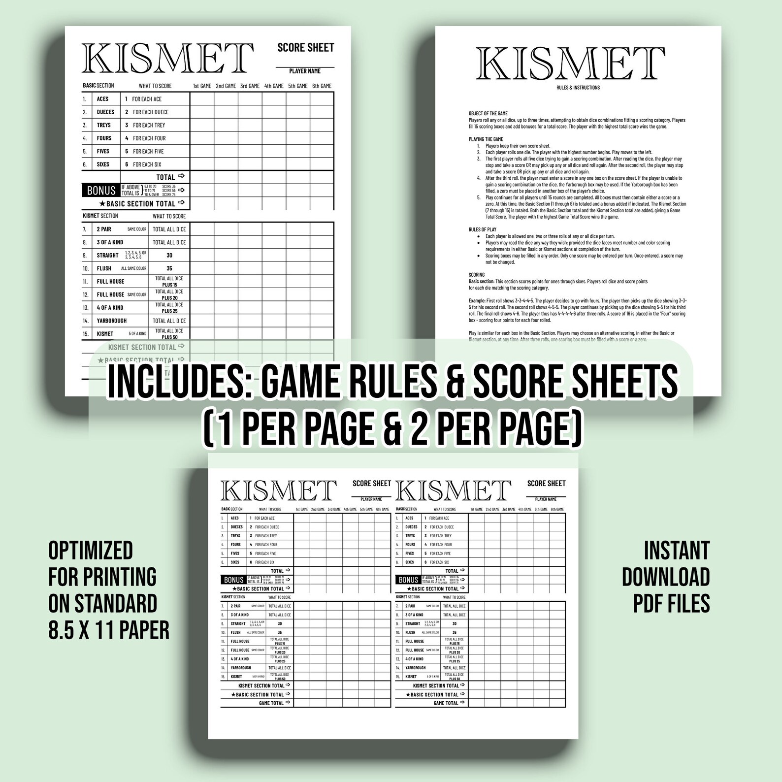 KISMET Printable Score Sheet Game Rules Digital files Etsy México