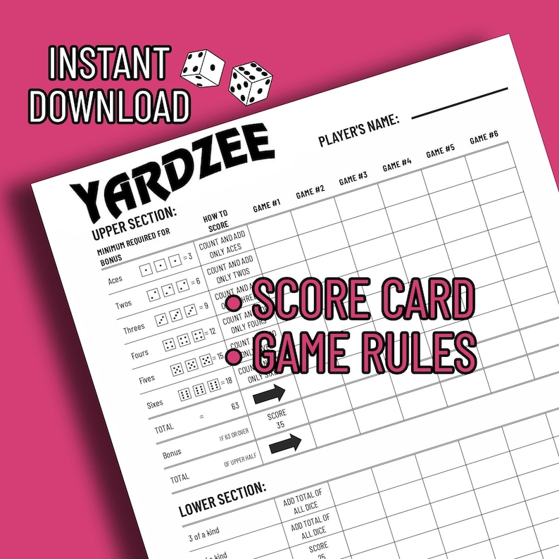 Printable YARDZEE/ YAHTZEE Score Card & Instructions Digital File Etsy