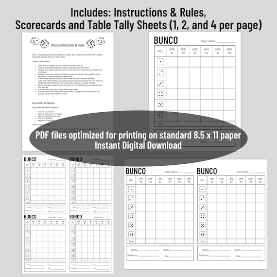 Bunco Printable- Score Card, Tally Sheet And Instructions/Rules