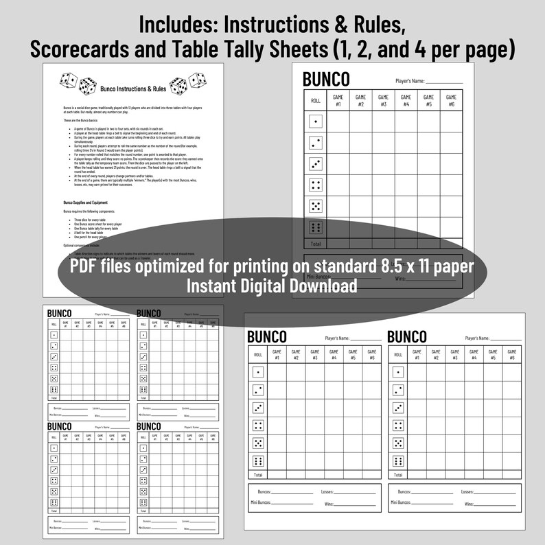 BUNCO Printable Score Card Tally Sheet - Etsy