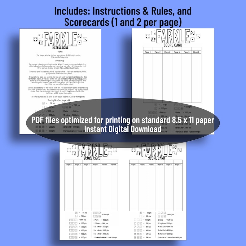 Printable YARDZEE + FARKLE + BUNCO Combo | Score Cards+ Instructions ...