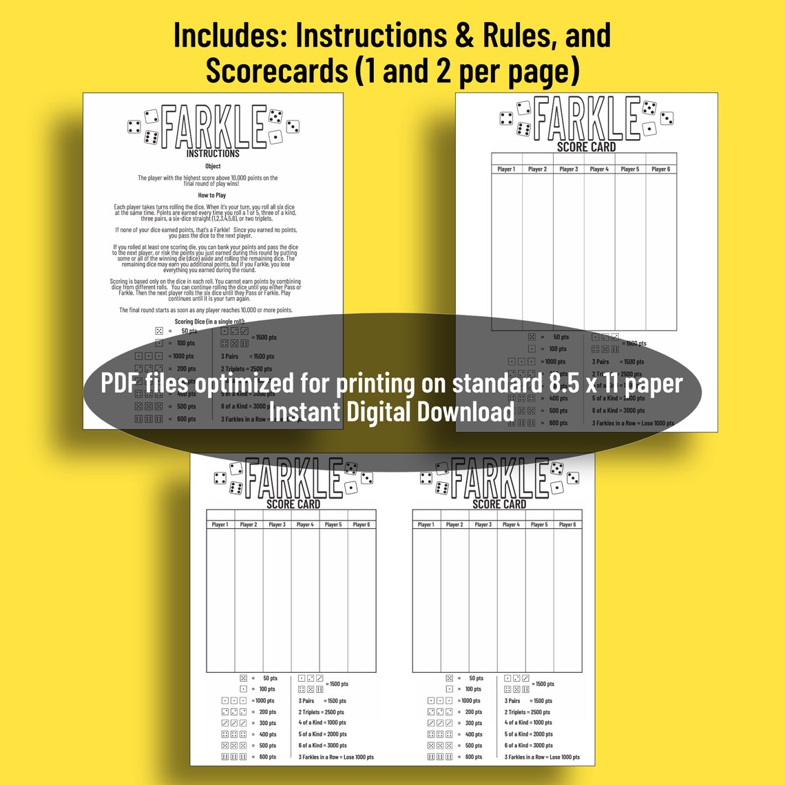 Printable YARDZEE &amp; FARKLE Combo | Score Card + Instructions | 2 Games ...