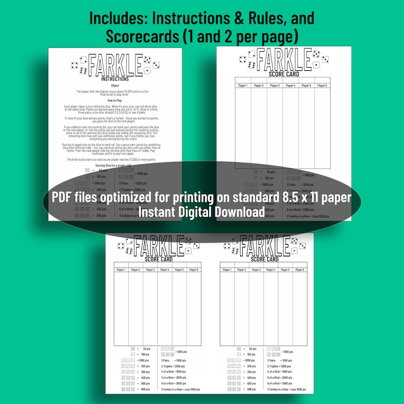 Printable FARKLE/LAWN FARKLE Score Card &amp; Instructions | Digital File ...