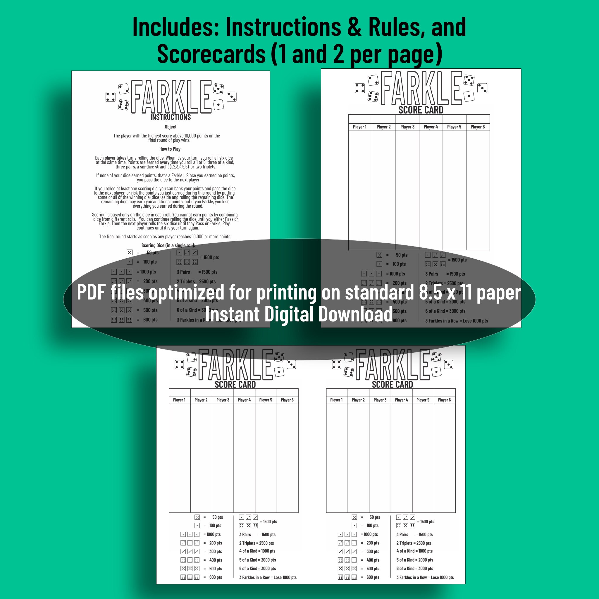 Printable FARKLE/LAWN FARKLE Score Card &amp; Instructions | Digital File ...