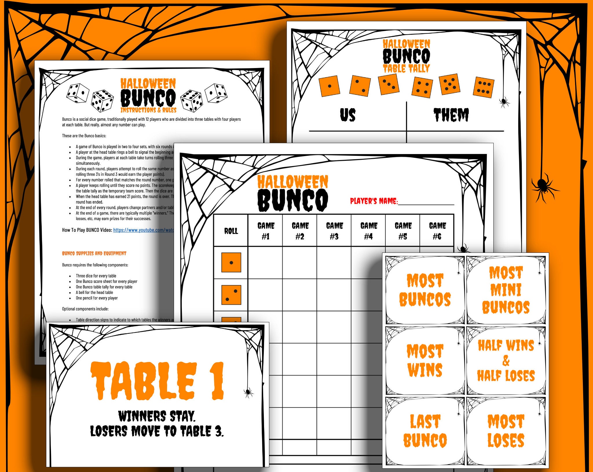 Halloween BUNCO Printable Bundle Score Cards Tally Sheets Table Cards
