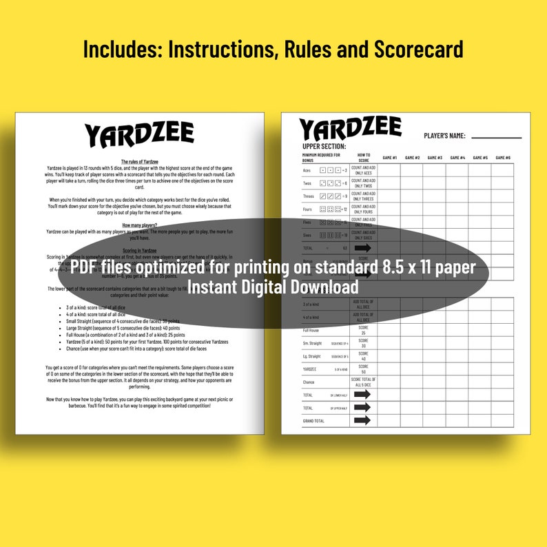 Printable YARDZEE &amp; FARKLE Combo | Score Card + Instructions | 2 Games ...