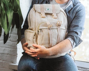 Rust beige hemp fabric backpack with dull gold straps : Himalayan rush
