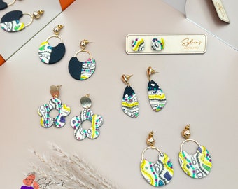 Pendientes "Fiona" de polímero en latón bañado en oro de 24 quilates | Pendientes de arcilla polimérica coloridos y modernos