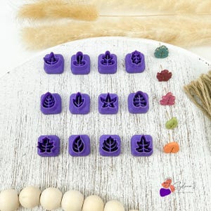 Puede incluir: Una colección de cortadores de arcilla morados con forma de hoja dispuestos sobre una superficie blanca. Varias piezas de arcilla con forma de hoja en tonos verdes, rojos y naranjas están dispersas cerca. Los cortadores son cuadrados con diseños detallados de hojas.