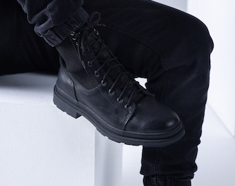 Handmade Black Leather Combat Boots | Men's Lace-Up Ankle Boots | Stylish & Durable Everyday Footwear