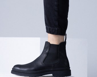 Men's chelsea boots/leather chelsea/ black shoes/ high top shoes