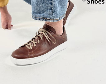 Handmade Leather Brown Sneakers with White Midsole: Stylish Comfort for Every Step