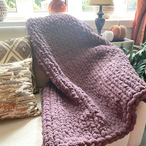 Hand Knit Chunky Chenille Throw Blanket: Lilac Purple Cozy Home Decor