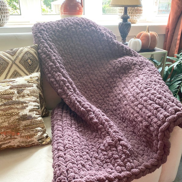 Hand Knit Chunky Jumbo Chenille Throw Blanket | Customized Gift For Her | Cozy Fall Home Decor | Handmade Personalized Gift | Lilac Purple