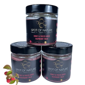 Rauwe biologische honing en gevriesdroogde frambozentraktatie 100% natuurlijke wilde bloemen Bijenhoning uit de natuur Potpot honingpot cadeau