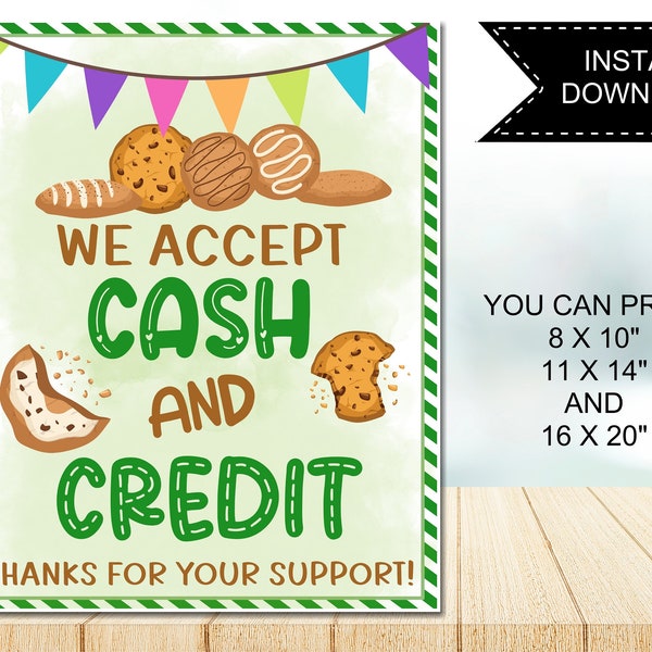 We Accept Payments Sign Cash and Credit, Fundraising Booth, Bake Sale, Cookie Booth Printable Scouts Cookie Banner, Cookie Booth Poster