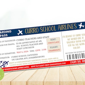 Editable Boarding Pass Ticket, Travel Theme Teacher Appreciation Week Luncheon Invite, INSTANT DOWNLOAD