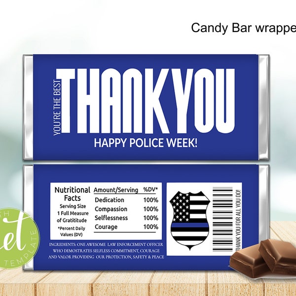 Editable Happy Police week candy wrapper, Public Safety Thank you candy wrapper, Gift Printable, Thank you gift., Candy Bar Wrappers YX1101