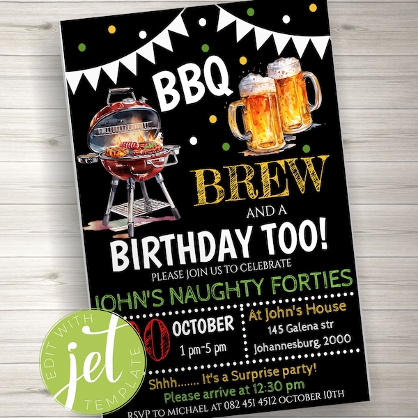 Editable BBQ and Beer Birthday Invitation, Adult Surprise Party, Brew Chalkboard Printable, Man's Grill Out Backyard Party Invite