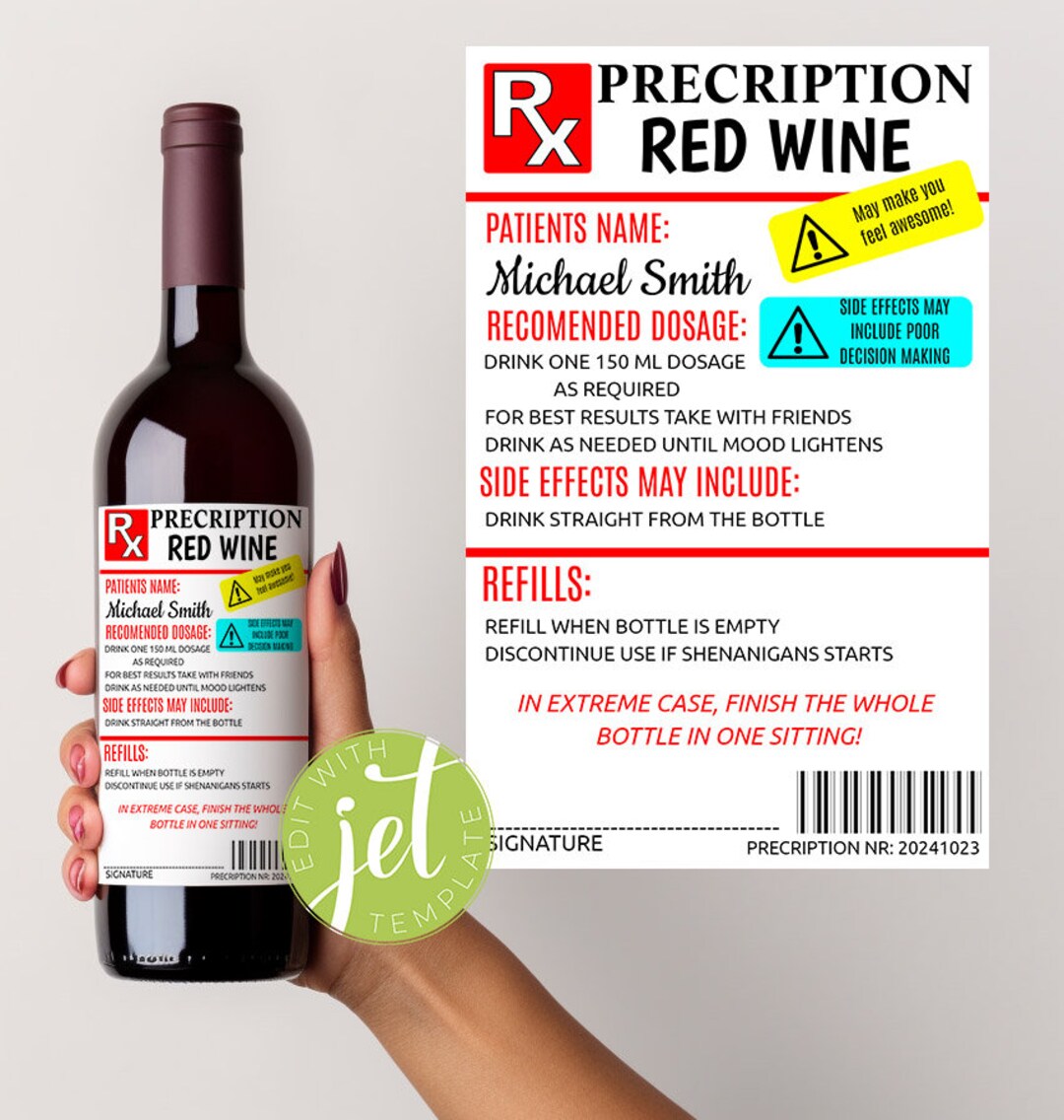 Editable Prescription Red Wine Label, Red Wine Bottle Sticker, Wine ...