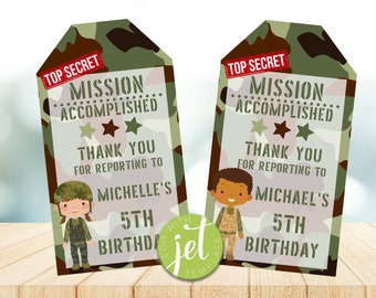 Editable Army Favor Tag, Printable Green and brown Camo Birthday Party Thank You Tags, Boot Camp, Personalized, Instant Download BT7763