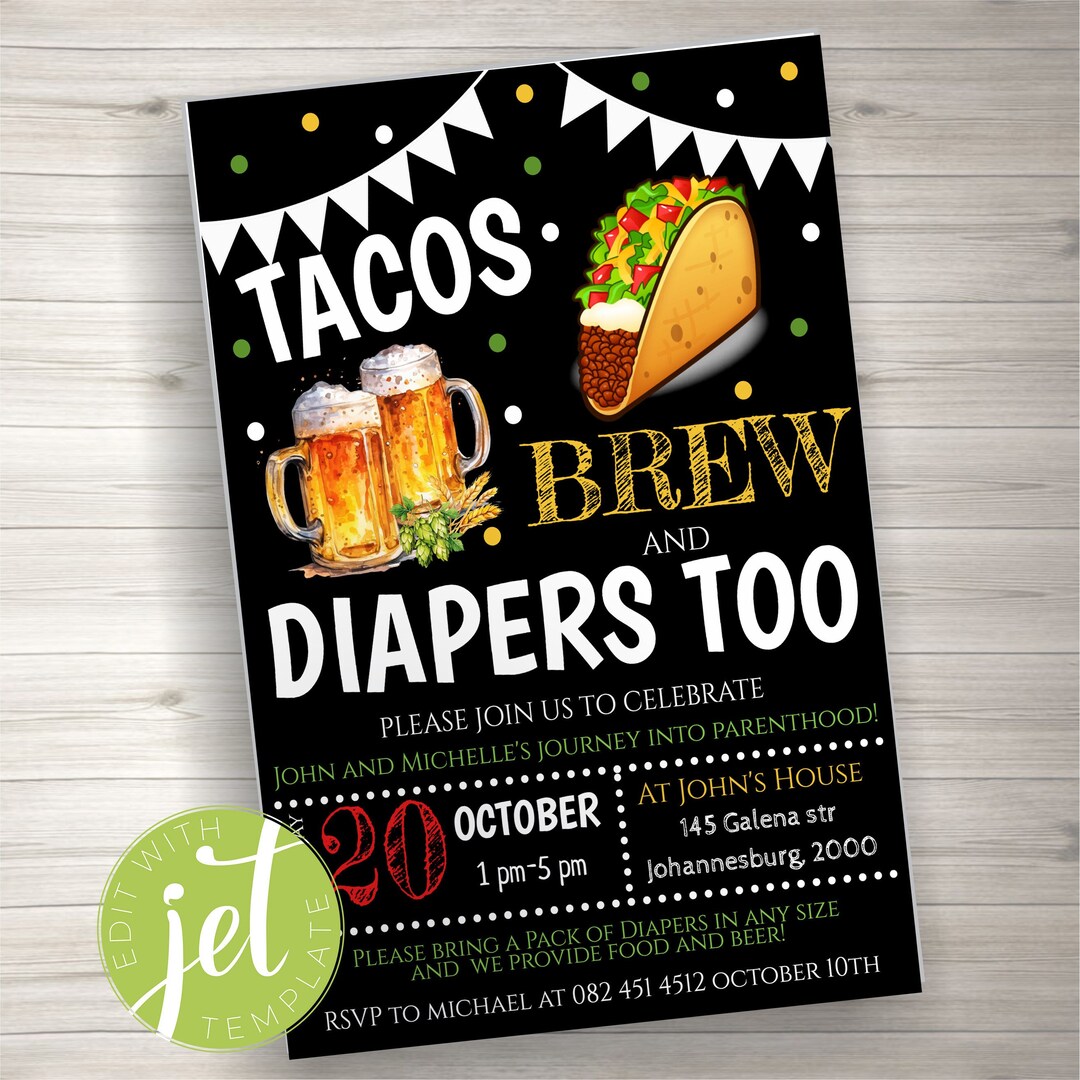 Editable Tacos and Beer Baby Shower Invitation, Dad Diaper Party, Mexican Baby Shower, Fiesta