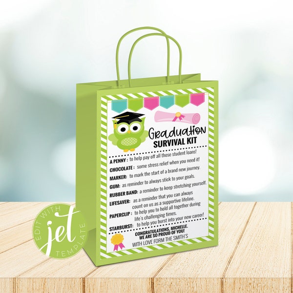 New Graduate Survival Kit gift bag label, Congrats Grad Survival Kit for Life, Graduation Gift Ideas,  Survival Kit, instant download LB9660