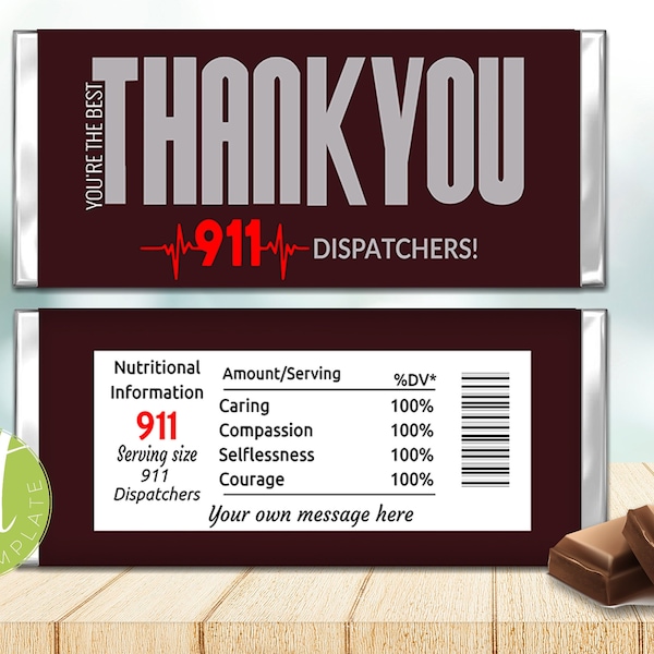 Editable 911 Dispatcher candy wrapper, Public Safety Thank you candy wrapper, Gift Printable, 911 Thank you gift., Candy Bar Wrappers