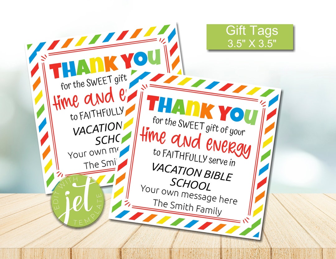 Editable Vacation Bible School Worker Appreciation Gift Tags, Church