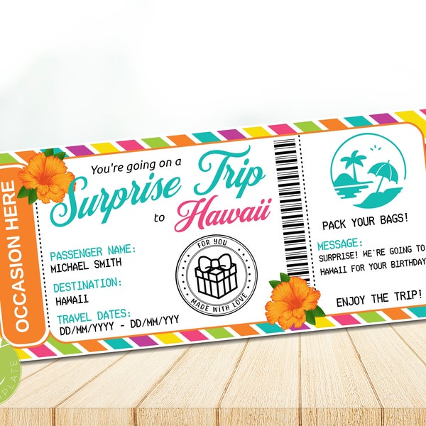 Printable  Hawaii Plane Ticket Boarding Pass Template ,Surprise Trip to Hawaii Reveal ,Airplane Flight Coupon Card, Instant download EN5677