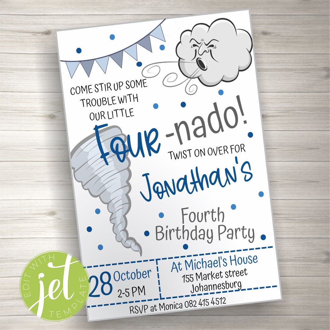 Editable Tornado Birthday Invitation, Storm Chaser Fourth Birthday Four ...