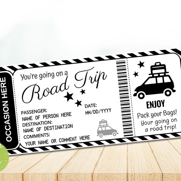 Editable Road Trip Ticket Gift,  Surprise Car Trip, Getaway, Holiday, Vacation,  Any Occasion Road Trip Reveal, Instant download