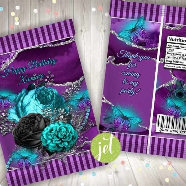 Editable Sweet Sixteen chip bag, favor bag, Party Favor, Teal and purple birthday, Butterfly teal and silver Printable, Instant Download