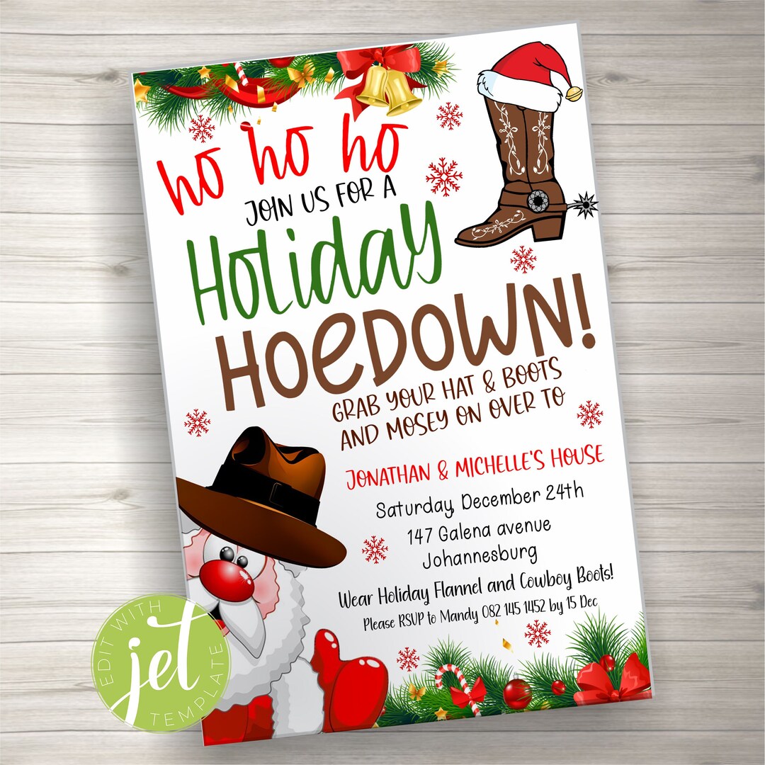 Editable Western Country Xmas Holiday Party, Christmas Hoedown