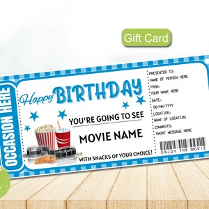 Printable Surprise Movie Ticket Gift Certificate, Happy Birthday Gift ...