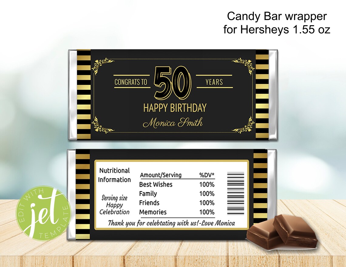 Editable 50th Birthday Chocolate Candy Bar Wrapper Hershey - Etsy