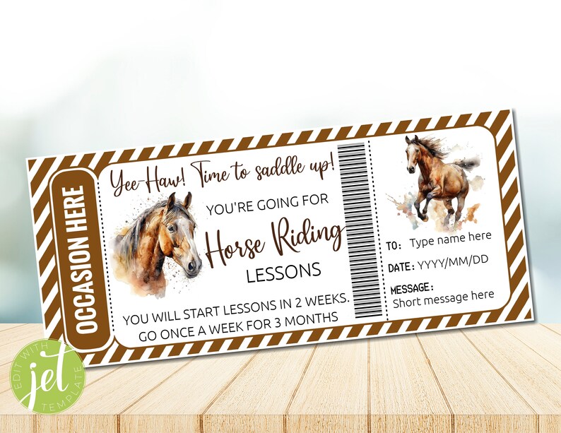 EDITABLE Gift Coupon Horse Riding Lessons any Occasion Gift Etsy