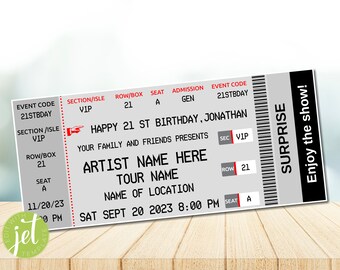 EDITABLE Concert Ticket Template Gift Certificate Voucher Coupon , Printable Surprise Birthday Gift, INSTANT DOWNLOAD