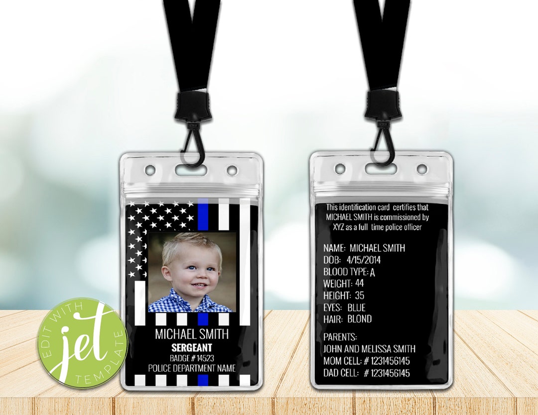 Editable Child ID Custom Photo Police Officer Student Badge, Fake