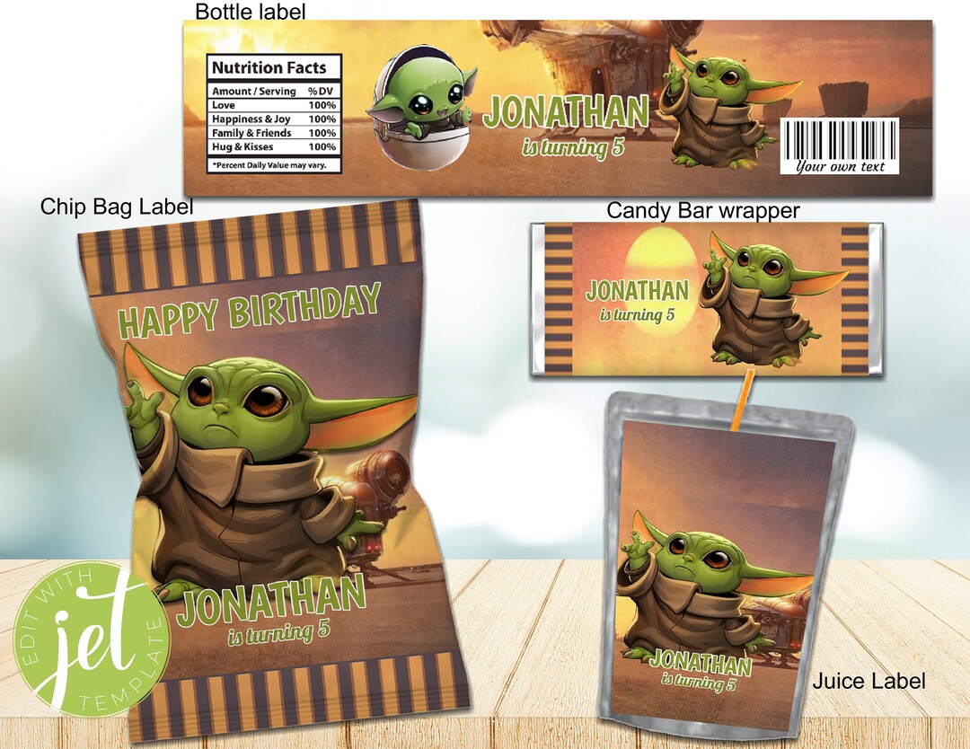 Editable Party Pack Baby Yoda Chip Bag, Candy Wrapper, Juice Label