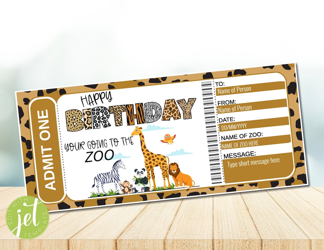 EDITABLE Zoo Ticket Printable Birthday Gift Voucher, Surprise Trip to the Zoo, DIY Coupon ...