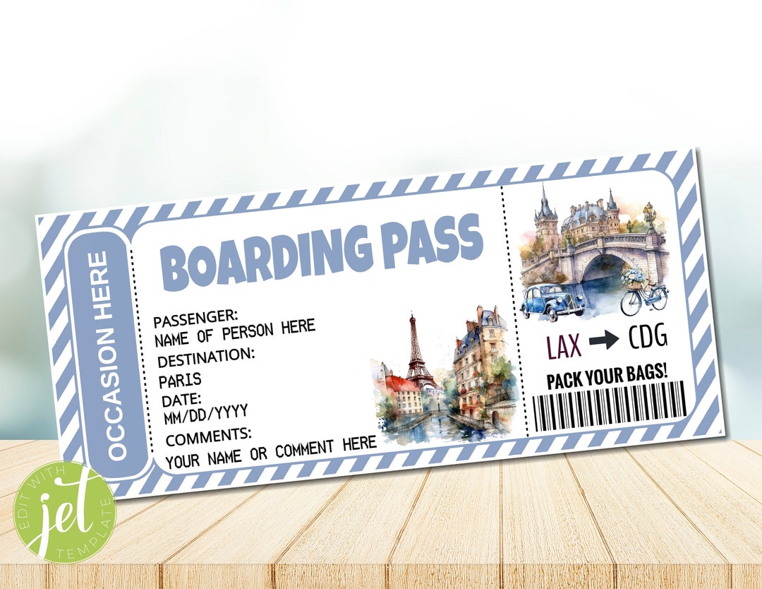 Editable Paris Surprise Boarding Pass Ticket, Trip Ticket to France