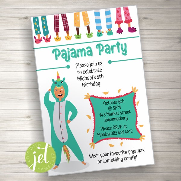 Editable Pajama Party Birthday Invitation, Pjs invitation, Slumber, Sleepover, Invite, Instant download, Printable, Instant download JX3697