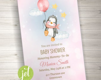 Editable Penguin Baby Shower Invitation Printable, Penguin with balloon Invitation, Girl Baby Shower,  Instant download