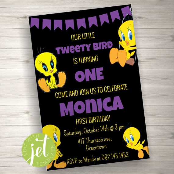 Editable Yellow Bird Invitation, Party Invite, Yellow Birdy Invite.