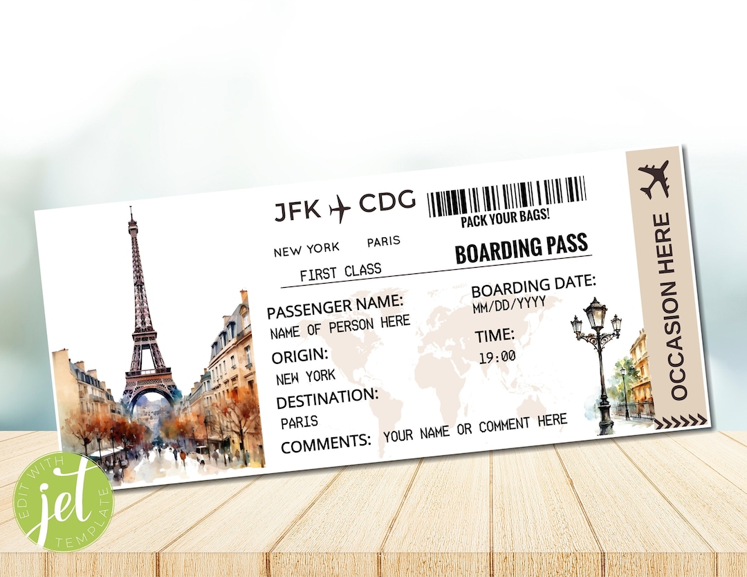 Editable Paris Surprise Boarding Pass Ticket, Trip Ticket to France