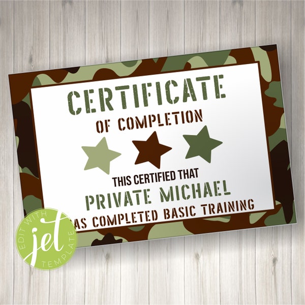 EDITABLE Boot Camp Certificate of Completion Template, Green and brown Camo Army, Theme Birthday Party Favors, Instant download DB9946