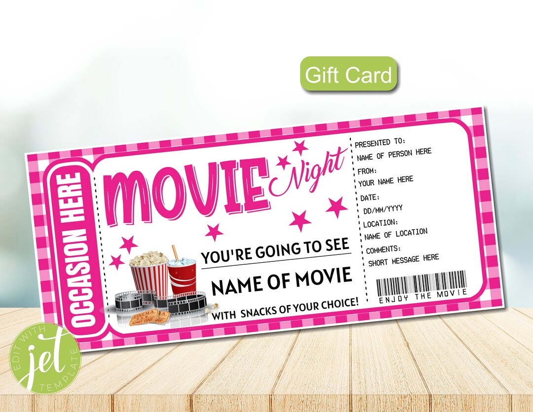 Printable Movie Ticket Gift Card, Movie Night Surprise, Movie Gift Card ...